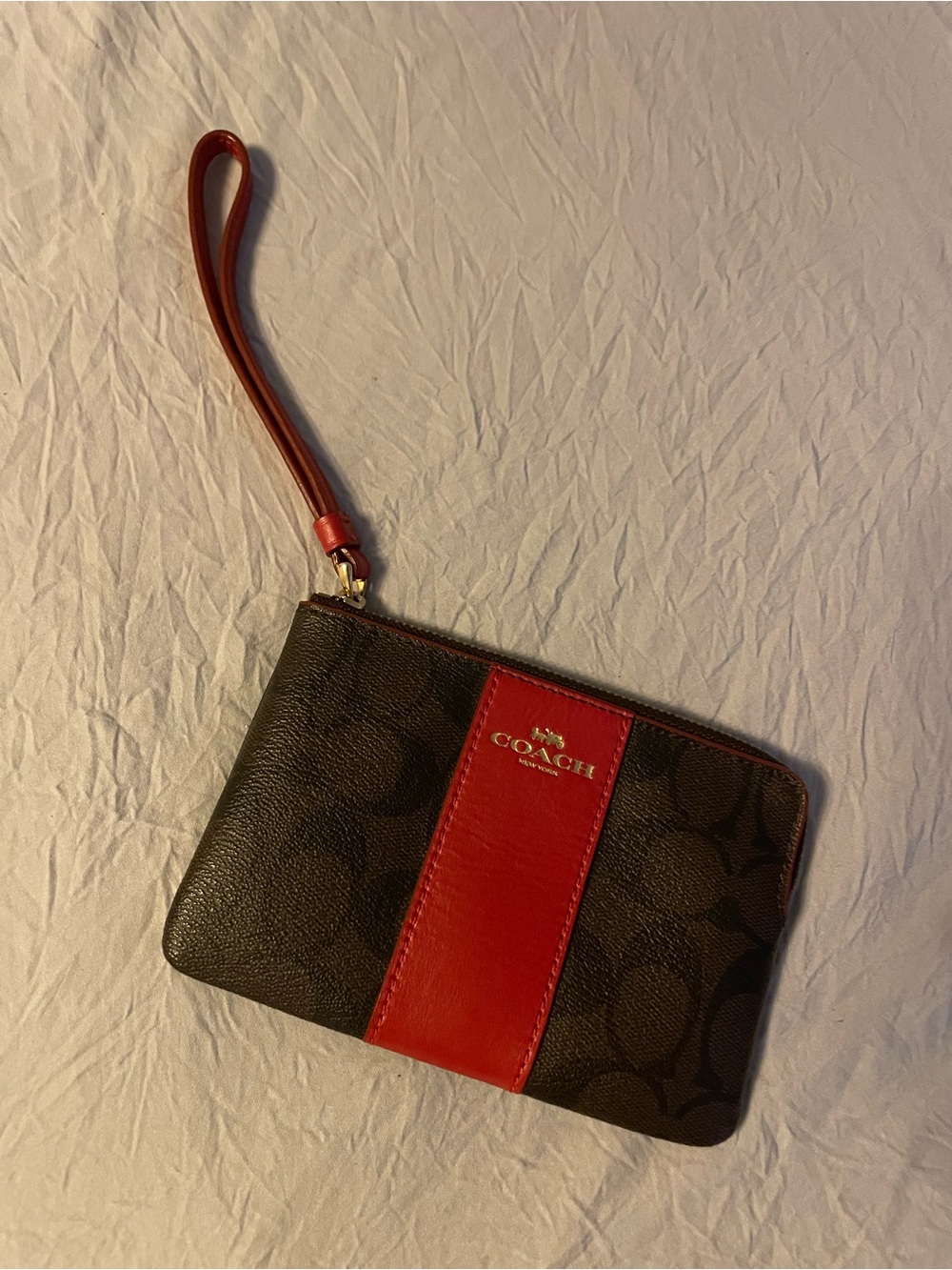 Coach Brown Signature Wristlet with Red Center Stripe and Strap